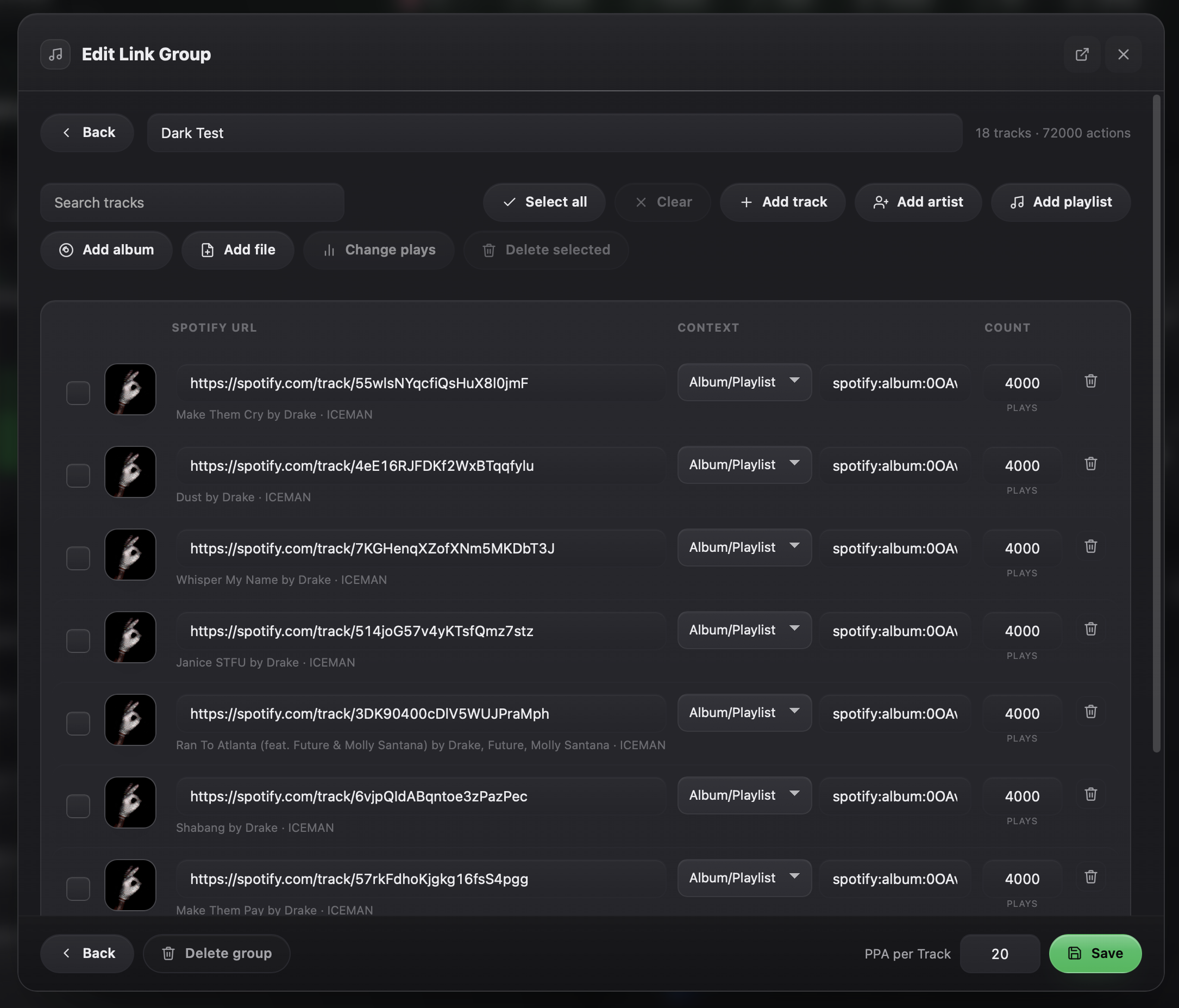 AppTools Links Manager with tracks, actions, and repetition controls